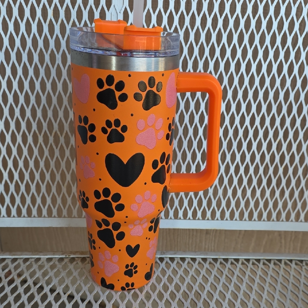40 Oz.Orange Insulated Tumbler with Paw Print Design. SOOO CUTE!!!